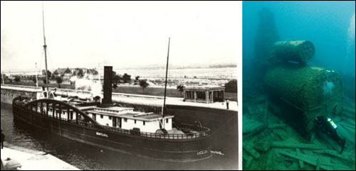 Figures 14and 15. Launched in 1872, the package freighter Montana met her fiery end in Thunder Bay 42 years later � an incredibly long career for a Great Lakes vessel. A typical trip would find the 236-foot Montana carrying a diverse cargo of 6,000 barrels of flour, 40 tons of copper, 250,000 shingles, 100 boxes of salmon and some passengers. After 30 years, a changing economy made it important to find new ways to keep the Montana profitable. In 1902, the Montana began a second career as a �lumber hooker.� The cavernous retrofitted vessel now held one million board feet of lumber, enough to stretch for nearly 200 miles if placed end to end (Thunder Bay Sanctuary Research Collection, NOAA Thunder Bay NMS).