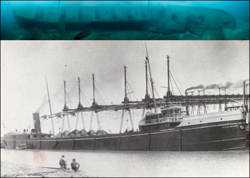 Figures 16 and 17. The 300-foot-long steamer Norman rests in 200 feet of water outside the sanctuary's northern boundary. Listing to port but amazingly intact, the enormous steel wreck contains many artifacts, as well as human remains (NOAA Thunder Bay NMS, Thunder Bay Sanctuary Research Collection).