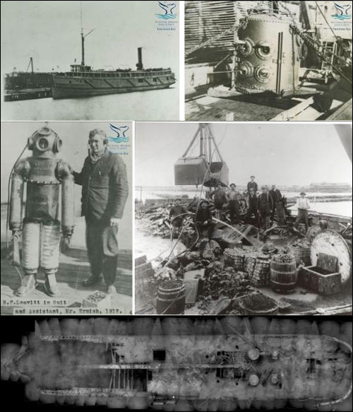 Figures 18-22. The steamer Pewabic's valuable cargo inspired a century of high-risk salvage efforts. Salvors employed divers, dynamite, dredges and even a custom-built diving bell in pursuit of the copper cargo lying 160 feet below the surface. Although these efforts have left an unmistakable, and seemingly negative, imprint at the site, they are actually a part of the shipwreck's history and archaeological record (Thunder Bay Sanctuary Research Collection, NOAA Thunder Bay NMS).