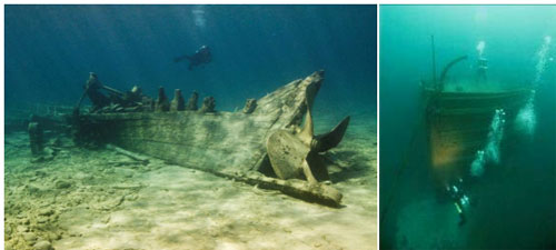  Figures 1 and 2. Deep or shallow, Lake Huron's cold, fresh water keeps shipwrecks well-preserved. Left: Resting in 15 feet of water, the wreck of the steamer Monohansett is a popular destination for kayaking and snorkeling, and in 2011 became the centerpiece of a new glass bottom boat tour operating out of Alpena. Right: The bow of the steamer Florida rests in 200 feet of water outside the sanctuary's northern boundary. Incredibly well-preserved, sites like this offer a one-of-a-kind opportunity for historians, archaeologists and experienced technical divers (NOAA Thunder Bay NMS).