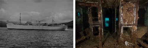 Figures 23 and 24. Left: The Monrovia, pictured here as SS Empire Falstaff, sank during a 1959 collision and became one of the first Great Lakes shipwrecks of the St. Lawrence Seaway era. Linking the Great Lakes to the eastern seaboard via the St. Lawrence River, the final enlargement to the seaway was made in 1959. Over the next 50 years, $350 billion in cargo from more than 50 nations would pass through this engineering marvel. Two other �salties� have wrecked in the Thunder Bay region as well. Right: Today, the wreck of the Monrovia sits in 140 feet of water and is a popular dive site.