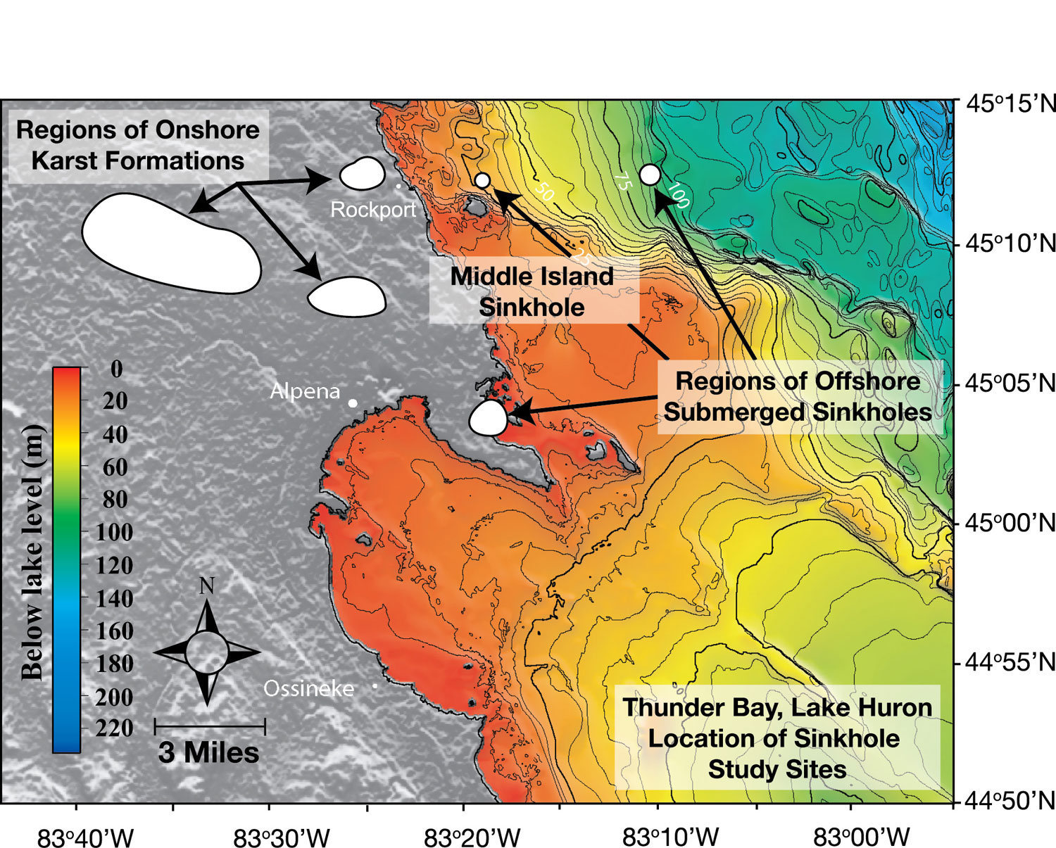  Figure 29. This map shows the locations of above-ground offshore karst formations and submerged sinkholes in the Thunder Bay sanctuary. (NOAA GLERL)