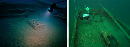 Figure 32 and 33. Left: The cabin skylight on the deck of the schooner Defiance was in place in 2005. Sometime after the 2005 photo was taken, the fragile skylight was displaced, as indicated in the photo at right taken from a diving-related website. Whether removed by divers or hooked by a visiting dive boat anchor, the displaced skylight is an indicator of negative human impacts at the site. Note also the diver pushing the tiller, which still moves and articulates the rudder. This type of disturbance is prohibited by state law. Eventually, the 157-year-old tiller will fail, compromising the one-of-a-kind site's substantial recreational, historical and archaeological value. Shipwrecks within the sanctuary are afforded added protection