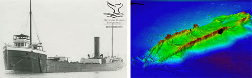 Figures 41 and 42. The 287-foot-long steamer William Rend (1888-1917; 17-foot depth), left, ended its long career in the shallow water of Thunder Bay's inner reaches. The multibeam sonar image at right reveals the effects of natural degradation on this shallow water shipwreck site (Thunder Bay Sanctuary Research Collection; NOAA Office of Coast Survey).