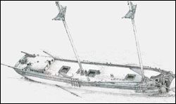 Figure 43. A perspective view of the wooden schooner Kyle Spangler, resting in 185 feet of water. Largely intact, except for collision damage at the bow, the site represents the high degree of preservation of many shipwrecks in this depth range. In 2008, sanctuary archaeologists worked with the wreck's founder, Michigan diver Stan Stock, to document the site (NOAA Thunder Bay NMS).