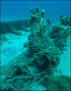 Figure 44. In this 2009 image, commercial fishing gear can be seen snarled around the frames of the steamer O. E. Parks. A decline in commercial gillnetting and greater awareness as to the locations of sanctuary shipwrecks has led to a decrease in new gear being snagged on sanctuary resources (NOAA Thunder Bay NMS). 