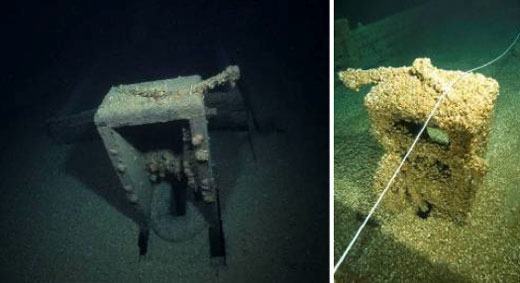 Figures 45 and 46. Left: A 2003 photo of the centerboard winch aboard the schooner Kyle Spangler. Sunk in 1860, the wooden ship lies in 180 feet of water in northern Lake Huron. Some mussels are present, but all of the winch's details are still visible. Right: A 2005 photo of the same winch (though opposite side), covered with a thick layer of quagga mussels. The difficulty of archaeologically documenting the winch is dramatically apparent, as is the potential for decreased recreational value (Left: Stan Stock; right: NOAA Thunder Bay NMS).