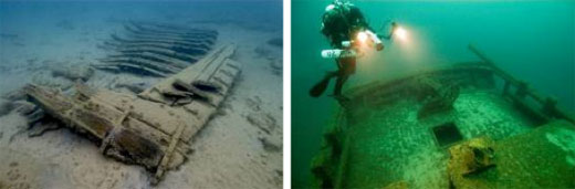 Figures 47 and 48. Left: The scattered but well-preserved remains of the steamer New Orleans (1844-1849; 13-foot depth) are representative of many shallow-water shipwreck sites in and around the sanctuary. Wrecked in Thunder Bay in 1849, the 185-foot side-wheel steamer carried thousands of passengers from Buffalo to the western Great Lakes and is archaeologically significant. Right: A diver examines the wheel of the schooner F. T. Barney (1856-1868; 170-foot depth), wrecked off Rogers City, Mich. Sitting upright and intact, the site is representative of 24 similarly preserved and archaeologically significant sites in and around the sanctuary (NOAA Thunder Bay NMS).