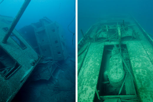 Figures 49 and 50. Left: The steamer Norman (1890-1895; 200-foot depth) with its boiler deckhouse, mast, nearly entire hull and many other features intact. Right: Norman's sister ship Grecian (1891-1906; 100-foot depth) in shallower water with boiler deckhouse gone, providing good access to the two boilers and many features below. In the foreground is the ship's triple expansion steam engine. The sites are very complementary, with their different depths and site formations revealing different elements of the same ship type. (NOAA Thunder Bay NMS)