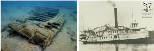 Figures 4 and 5. Left: The scattered remains of the paddle wheel steamer New Orleans (1843-1849; 13-foot depth) are a complex artifact. Wrecked in Thunder Bay in 1849, the 185-foot side-wheel steamer carried thousands of passengers from Buffalo to the western Great Lakes during its career. Today, the shallow site is an excellent venue for diving, snorkeling, kayaking and glass bottom boat excursions. Right: The paddle wheel steamer Marine City (1866-1880; five-foot depth) carried passengers and freight on a regular schedule to Alpena and other port towns along Lake Huron (NOAA Thunder Bay NMS, Thunder Bay Sanctuary Research Collection). 