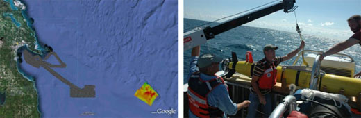 Figures 53 and 54. Two separate remote sensing efforts in 2010 resulted in the discovery of one new shipwreck and an enhanced understanding of a submerged land bridge that runs across Lake Huron. The darker area (left) represents sonar data acquired with a forward-looking sonar mounted on a REMUS 600 autonomous underwater vehicle (right). The 52-hour survey covered 104 square miles at an average rate of two square miles per hour. The colored area in the image on the left is multibeam data acquired using the sanctuary's R/V Storm. Logging 52 hours of survey time, the team mapped 46 square miles. (NOAA Thunder Bay NMS)