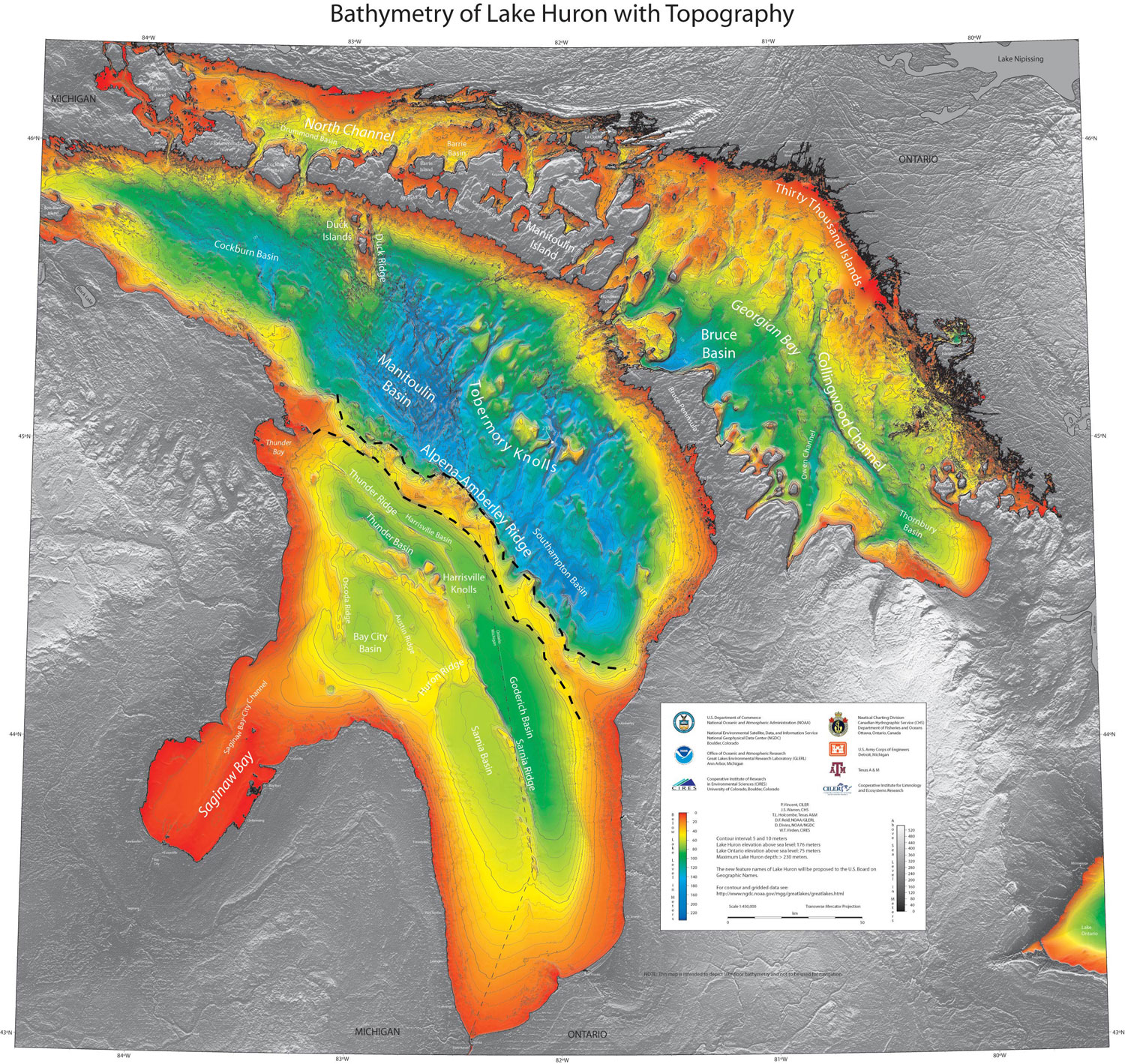 Figure 56. A bathymetry map of Lake Huron showing the Alpena-Amberley Ridge, which once connected Michigan with Canada. University of Michigan anthropologists are searching the area for prehistoric archaeological sites. 