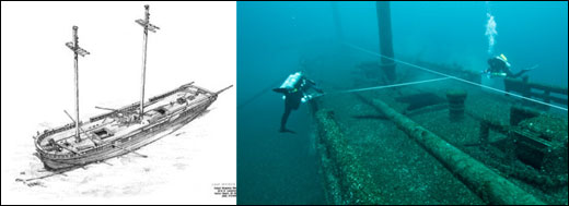 Figures 60 and 61. Left: A perspective drawing of the schooner Defiance, resting in 185 feet of water outside the sanctuary's northern boundary. Many popular, intact shipwrecks lay in deeper waters outside the sanctuary. In an effort to better understand and protect these impressive time capsules, the sanctuary and its partners regularly work outside the sanctuary. Right: NOAA archaeologists take measurements of the Defiance in order to produce a detailed map of the wreck site. (NOAA Thunder Bay NMS)