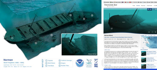 Figures 64-66. Left: locations of permanent moorings in Thunder Bay National Marine Sanctuary. Center: A sanctuary-sponsored mooring at the wreck of the steamer Monohansett, resting in 18 feet of water. Right: A diver ascends from a deeper dive via the safety of a sturdy mooring line. (NOAA Thunder Bay NMS)