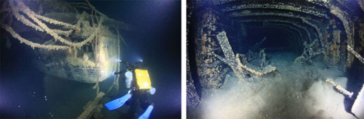 Figures 70 and 71. These excellent photos of the M. F. Merrick taken in 20ll by volunteers significantly enhanced the sanctuary's assessment of this newly discovered shipwreck. Left: The image of the vessel's stern gives a good indication of site integrity and reveals some distinctive architectural elements, as well as coverage of invasive quagga mussels. Right: The vessel's cargo hold revealed substantial artifacts, including several wheelbarrows used by the crew to handle the Merrick's bulk cargo. Note the presence of mussels, even inside the vessel. (John Janzen)