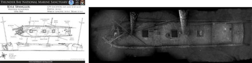 Figures 72 and 73. An archaeological site plan (left) and photomosaic (right) of the schooner Kyle Spangler resting in 185 feet of water off Presque Isle, Mich. The site possesses high recreational and archaeological potential, and has become a popular scuba diving attraction since its location was made known to the public in 2008. Discovered in 2003 by local diver Stan Stock, the wreck's location remained secret until the site was documented by Stock, Tracey Xelowski and sanctuary archaeologists, after which it was jointly decided to release the coordinates to the public. (NOAA Thunder Bay NMS)