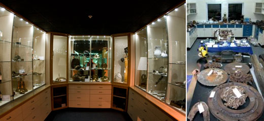 Figure 76 and 77. The sanctuary's conservation lab ensures that artifacts long ago removed from wrecks get appropriate treatment. Many artifacts eventually go on display in the Great Lakes Maritime Heritage Center's visible artifact storage room. Windows between the main exhibit and the conservation lab allow the public to see the restoration in real-time (NOAA Thunder Bay NMS).