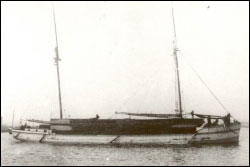 Figure 8. Originally built as a three-masted schooner, the 162-foot Harvey Bissell was later retrofitted to a two-masted schooner barge, a typical conversion for schooners whose owners sought to keep the aging vessels in use. Note the tow line at the bow extending out of the right frame of the photograph. Pictured here with an enormous deck load of lumber, the Bissell wreck sits in 15 feet of water just off the Alpena waterfront (Thunder Bay Sanctuary Research Collection).   