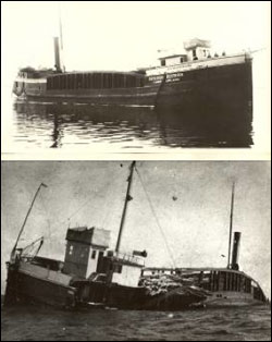 Figures 9 and 10. The wooden steam barge B.W. Blanchard operated for 34 years before running aground in Thunder Bay during a blinding snowstorm. With much of the wrecked vessel exposed, it quickly succumbed to winds and waves. Today, its remains lay scattered in shallow water, mixed with the wreckage of other vessels that shared a similar fate (Thunder Bay Sanctuary Research Collection).
