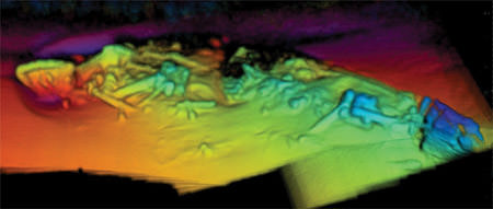 Coda Octopus 3-D Echoscope sonar image of the shipwreck MV Fernstream, view looking north