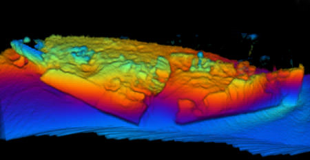 Coda Octopus 3-D Echoscope sonar image of the shipwreck MV Fernstream, looking south