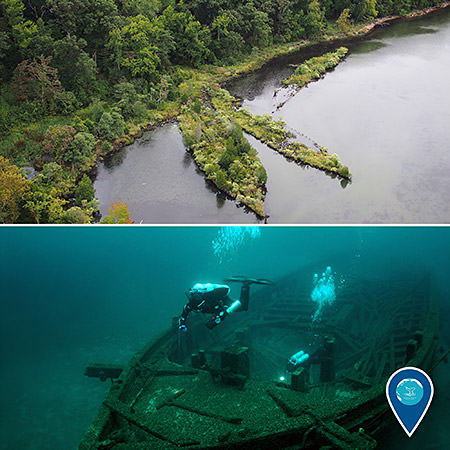 top: aerial view of mallows bay; bottom: diver examining shipwreck