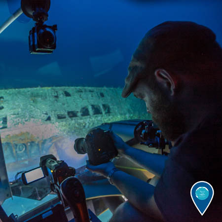 Joe Hoyt examines the wreck of the German U-boat U-576 from inside a two-person submersible