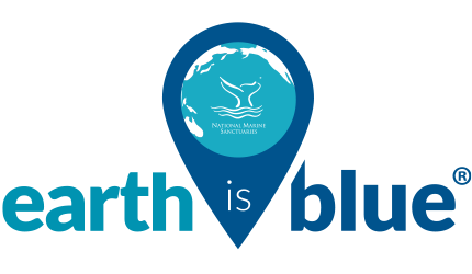 A logo of the Earth inside of a map marker with the text 'Earth is Blue' surrounding it.