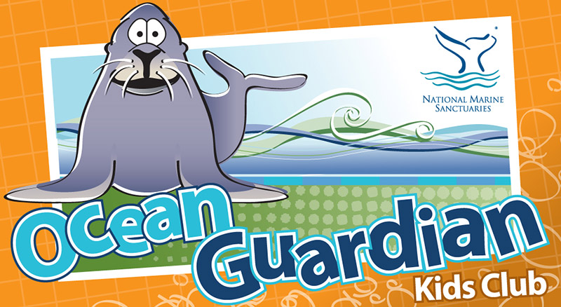 Ocean Guardian kids club logo with an illustration of sanctuary sam