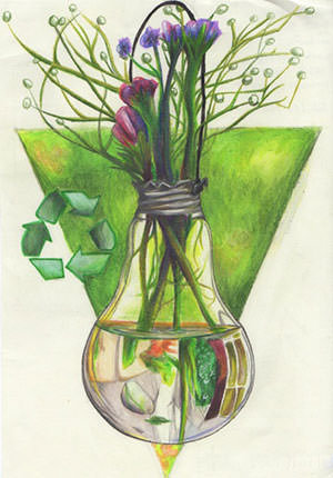colored pencil drawing of flowers in a lightbulb vase