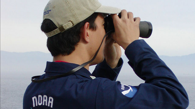 photo of a man looking at the ocean with binoculars