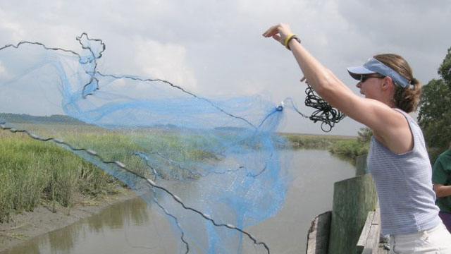 photo of woman throwing a net in the river