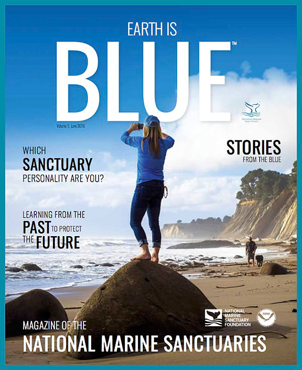 earth is blue magazine volume 1 cover - women on the beach taking a picture of the ocean