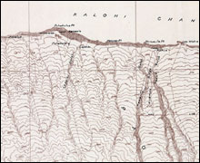 Historic map of the north shore of Lana`i, depicting the ahupua`a land division of Paoma`i and the Hawaiian names for specific locations.  University of Hawai`i map collection