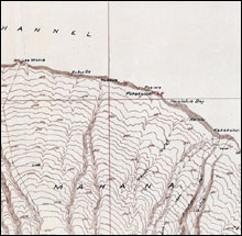 Historic map of the north shore of Lana`i, depicting the ahupua`a land division of Mahana  and the Hawaiian names for specific locations.  University of Hawai`i map collection