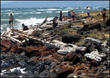 Students from O`ahu and Lana`i documenting the frames, keelson and hull planking components on the shoreline.  H Van Tilburg/NOAA ONMSS
