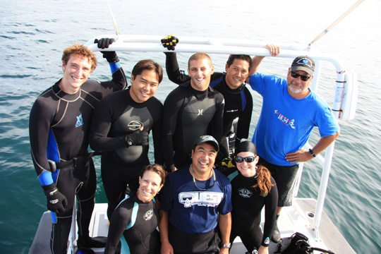 The 2011 maritime heritage survey dive team: top row l-r Jeff Kelly, Arik Dadez, Jacob Vandor, Keo Lopes, Hans Van Tilburg; bottom row l-r Amy Bowman, Jeff Kuwabara, Jackie Troller.