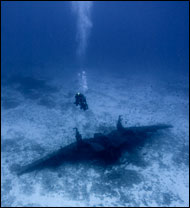 Diver documenting an F4U-1 Corsair off Midway Atoll (Credit: Tane Casserley/NOAA)