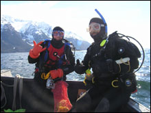Divers Jewett and Van Tilburg geared up for the dark 37 degree waters of the Lynn Canal.
