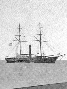 A rare photograph of the side wheel steamer USS <i>Saginaw</i> moored near Mare Island Naval Ship Yard.