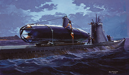 painting of midget sub mounted on the deck of another submarine