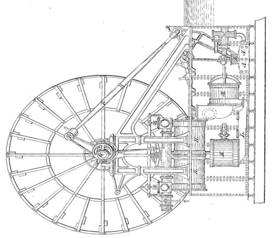 Lighthall's Lever Half Beam Engine Patent, Side Elevation.  Steam cylinders (H) lying horizontally, may be inclined when so required, (K) the condenser, (L) the bed plate, (M) the air pump, (A-A) the pillow block fastened to the keelsons and bottom of the vessel, (B) the beam center, (C)  the attachment to the piston or prime mover, (D) the upper center for connecting rod (E), (F) the crank pin, and (G) the shaft center.