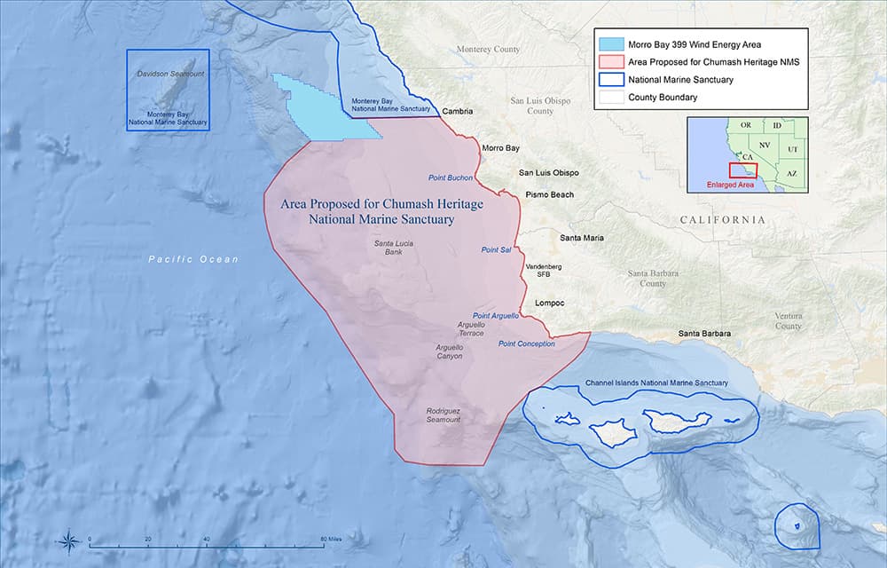 map of the California coast depicting the boundary for the proposed chumash heritage national marine sanctuary along with boundaries of Monterey bay and channel islands national marine sanctuaries