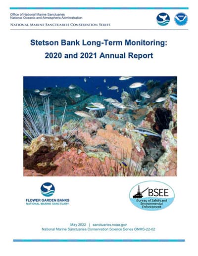 report cover: A school of fish among sponges and sea urchins on the bank crest at Stetson Bank