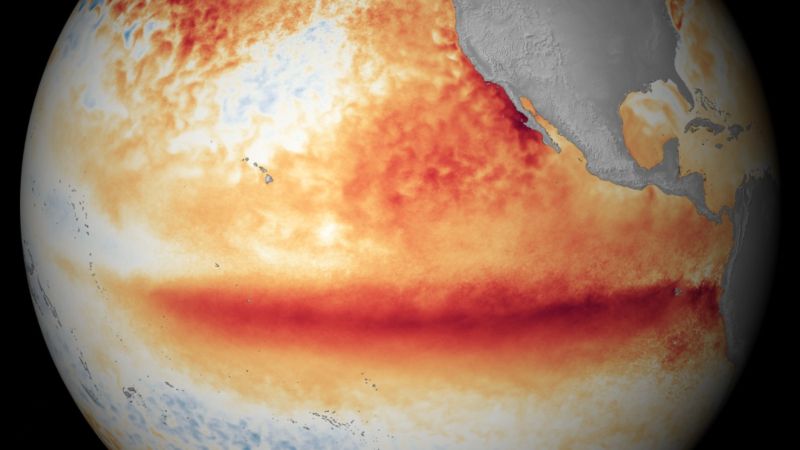 Satellite sea surface temperature departure from normal in the Pacific basin during
                                an El Niño event, where darker orange-red colors are above normal temperatures.
                                
