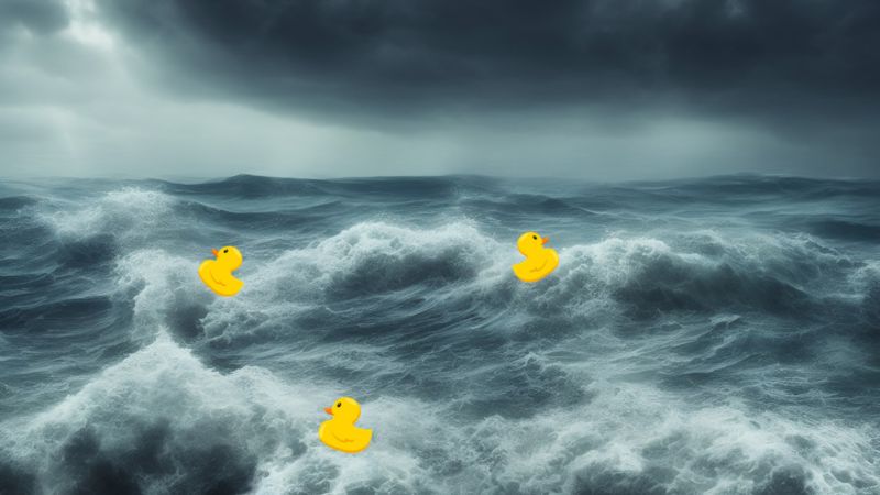 Ocean waves in the open sea with three cartoon yellow rubber duckies floating on the waves.