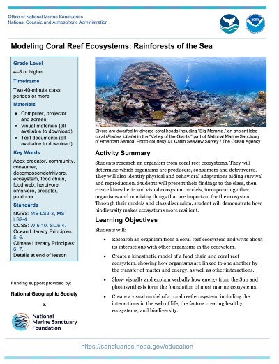 Preview of Modeling Coral Reef Ecosystems Lesson Plan
