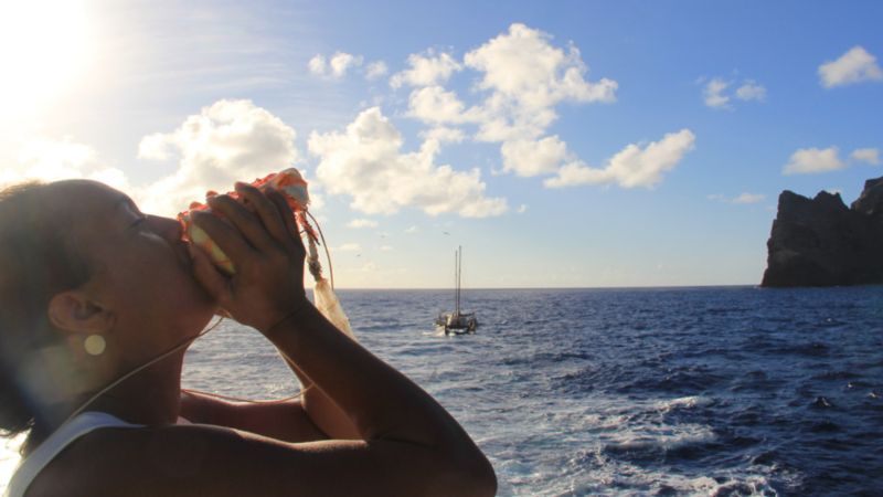 A Native Hawaiian cultural practitioner sounds the pū (conch shell trumpet). The sun is shining in the top left corner, there is a blue sky with white clouds, the dark blue ocean, and one sailboat to the right of the practitioner.
