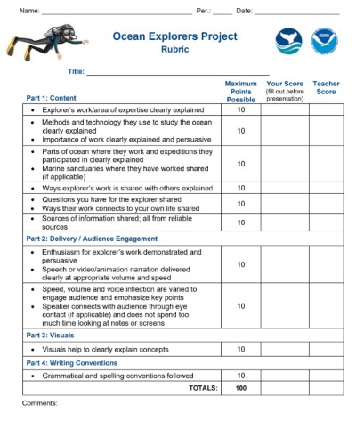 Screenshot of Ocean Explorers Project Rubric