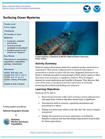 Preview of Surfacing Ocean Mysteries Lesson Plan